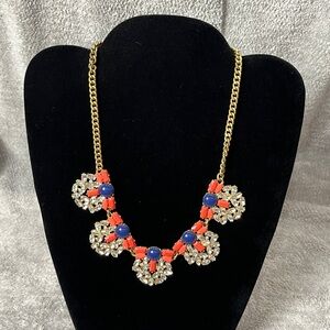 J. Crew Red Blue Crystal Statement Bib Necklace Gold